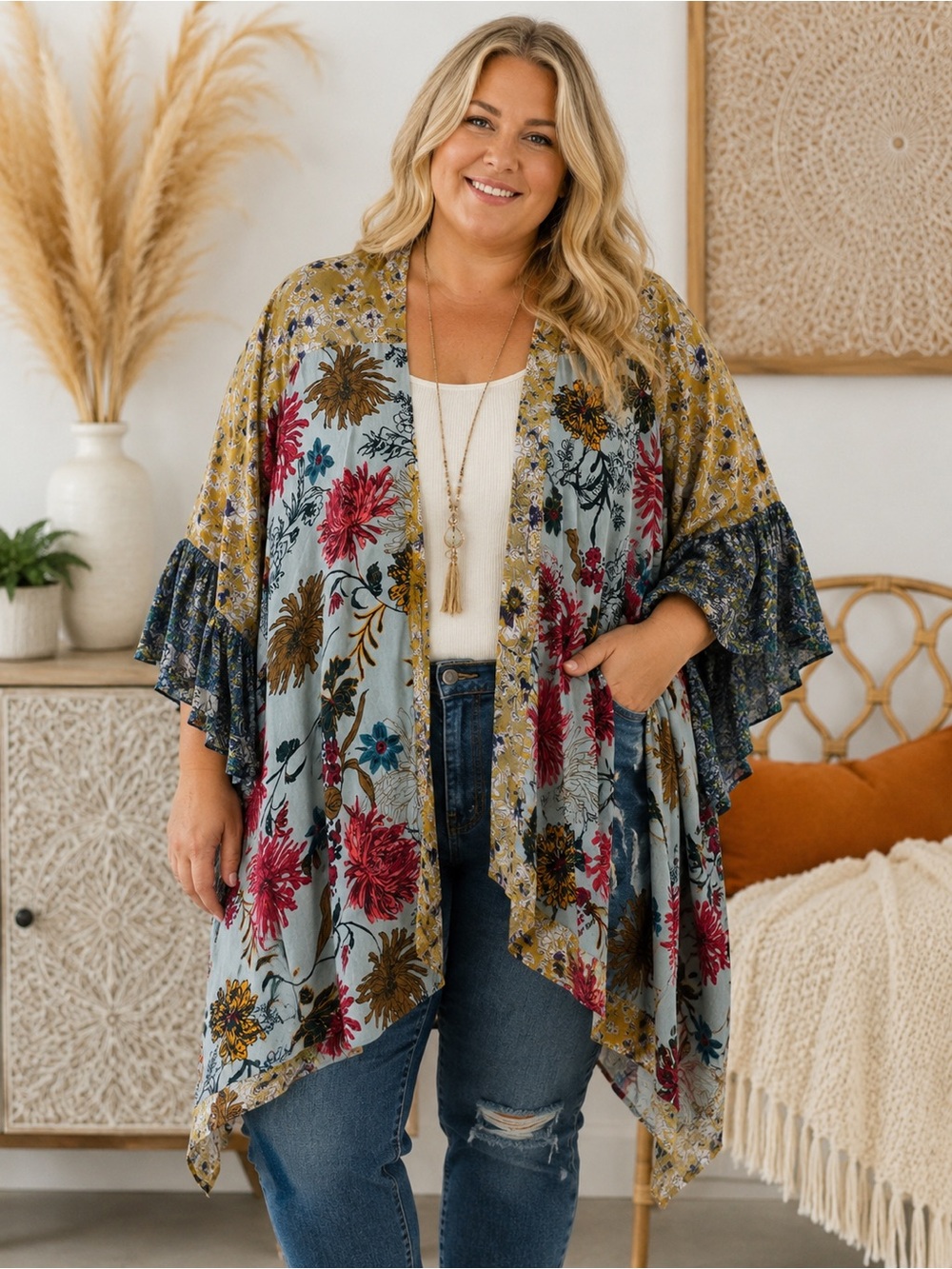 🌼 Umgee Floral Print Open-Front Kimono – Size L – Boho Duster